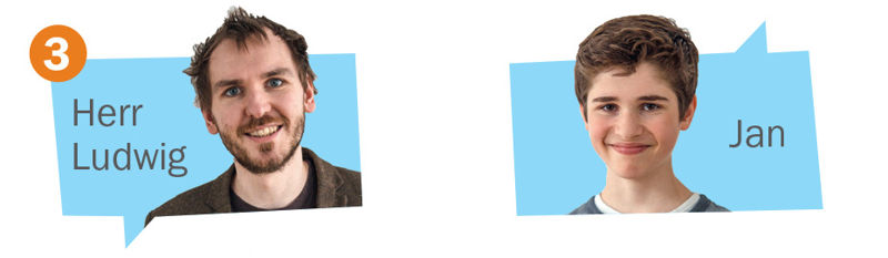 Paveikslėlis, kuriame yra dviejų veikėjų portretinės nuotraukos. Kiekviena nuotrauka yra ant šviesiai mėlyno kalbos laukelio formos fono, šalia veikėjo yra parašytas jo vardas arba pavardė. Kairėje pusėje yra ponas Liudvigas – vyras trumpais rudais plaukais ir neilga barzda. Dešinėje – paauglys Janas trumpais rudais plaukais. Abu veikėjai šypsosi. Dialogo numeris trys.