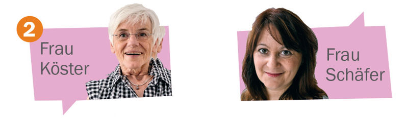 Paveikslėlis, rodantis antrą dialogą. Jame yra dviejų veikėjų portretinės nuotraukos. Kiekviena nuotrauka yra ant rožinės spalvos kalbos laukelio formos fono. Šalia kiekvienos veikėjos yra parašyta jos pavardė. Pašnekovės yra ponia Kioster – besišypsanti vyresnio amžiaus moteris trumpais žilais plaukais ir ponia Šėfer – vidutinio amžiaus moteris tamsiais rudais plaukais iki pečių.