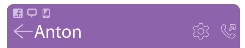 Paveikslėlis, kuriuo imituojamas susirašinėjimo lango išmaniajame telefone vaizdas. Violetinėje juostoje yra užrašytas vardas „Anton“, aukščiau matomos nustatymų, skambučių ir kitos piktogramos.