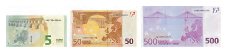 5 eurai, 50 eurų ir 500 eurų.