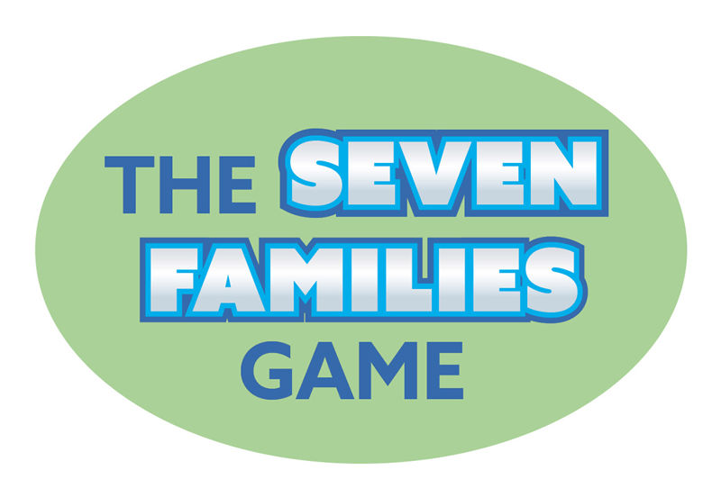 Užrašas "THE SEVEN FAMILIES GAME" žalios spalvos apskritime