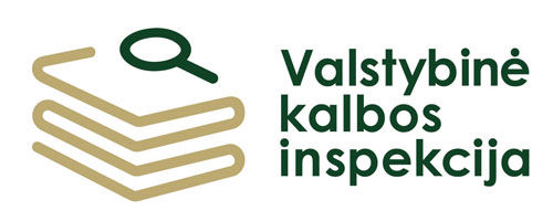 Valstybinės kalbos inspekcijos logotipas. Logotipą sudaro pavadinimo užrašas ir stilizuotas knygų krūvos ir didinamojo stiklo ženkliukas.