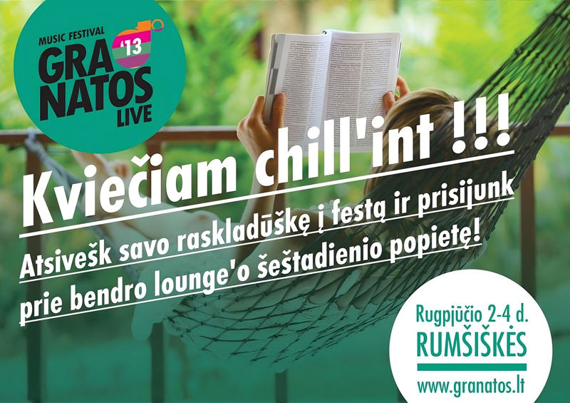 Kvietimo fone matomas hamake gulintis ir skaitantis knygą žmogus. Kvietimo kairėje viršuje yra apvalus logotipas su tekstu „Music Festival Granatos Live 13“. Per visą plakatą įstrižai parašytas ir pabrauktas kvietimas: „Kviečiam čilint!!! Atsivešk savo raskladuškę į festą ir prisijunk prie bendro laundžo šeštadienio popietę!“. Apačioje dešinėje pateikta renginio informacija: „Rugpjūčio 2–4 d. Rumšiškės“ ir tinklalapis „www.granatos.lt“.